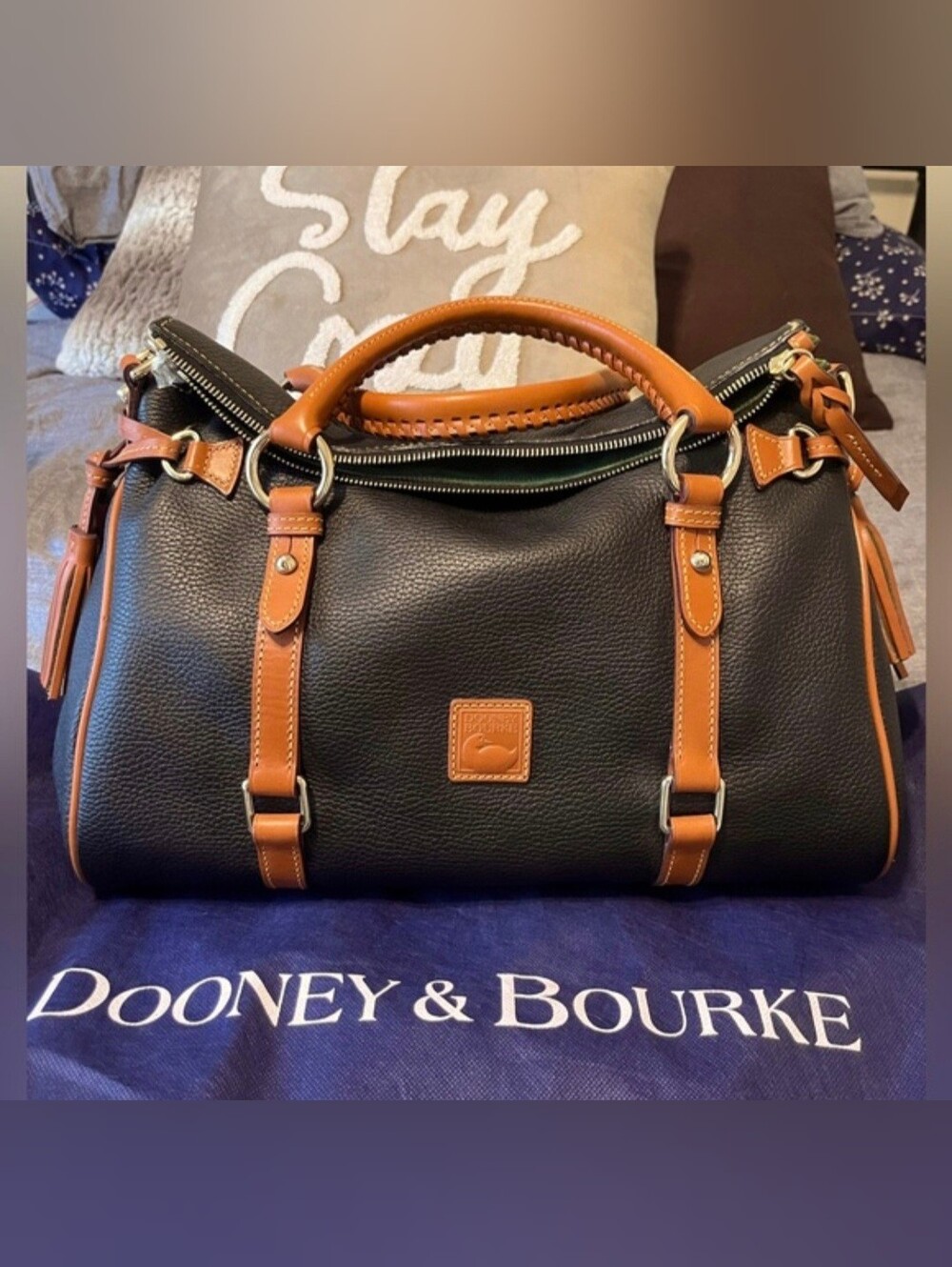 Dooney & Bourke Black Pebble Leather Satchel with Brown Trim